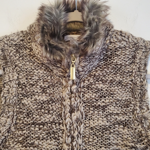 Charter Club Brown Tweed Metallic Faux Fur Collar Wool Blend Zipper Boho Vest - Picture 3 of 13